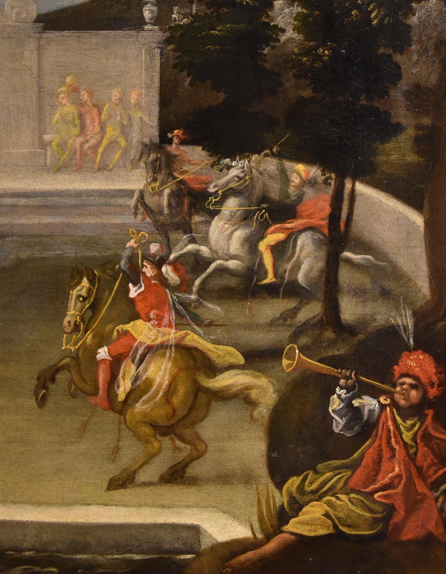 Isaac de Moucheron (Amsterdam 1667 - 1744) Kreis 

Renaissance-Garten mit ritterlichem Fest  

Öl auf Leinwand 70 x 98 cm. Im Rahmen 106 x 133 cm.  

Wir präsentieren diese reizvolle Komposition, in der ein prächtiger italienischer Garten die