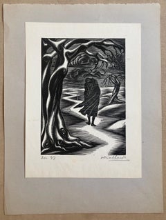c.1930's WPA Jewish Artist Isaac Friedlander Woodcut Woodblock Art Deco Print