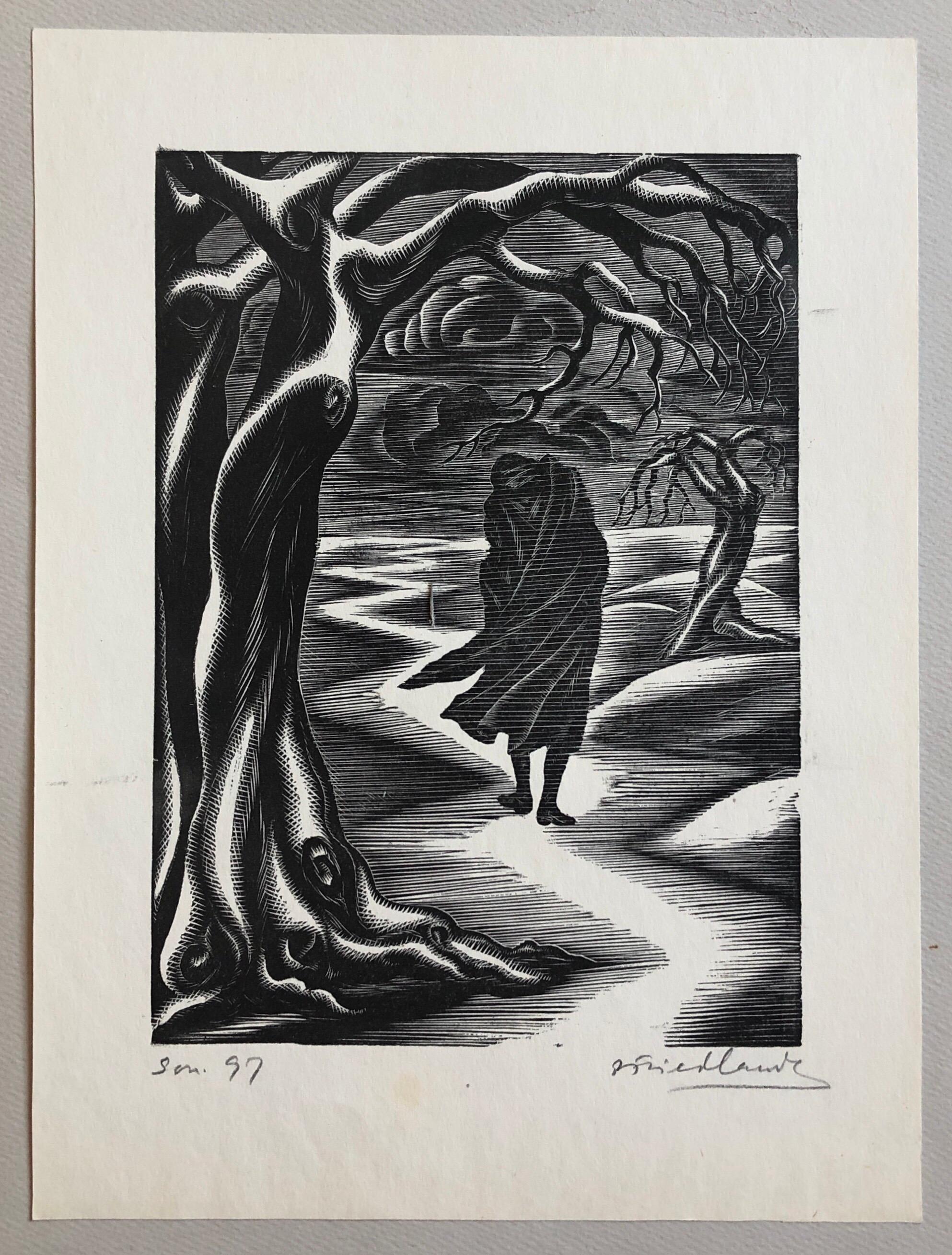 Artist: Friedlander, Isaac American (1890-1968) 13.25x10 back sheet,  actual print 10x7.25

 Isac Friedlander  Latvian-born American Printmaker, 1890-1968 
was born in Mitau, Latvia. He studied art at the Academy of Rome. He was befriended by the