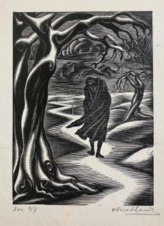 c.1930's WPA Jewish Artist Isaac Friedlander Woodcut Woodblock Art Deco Print