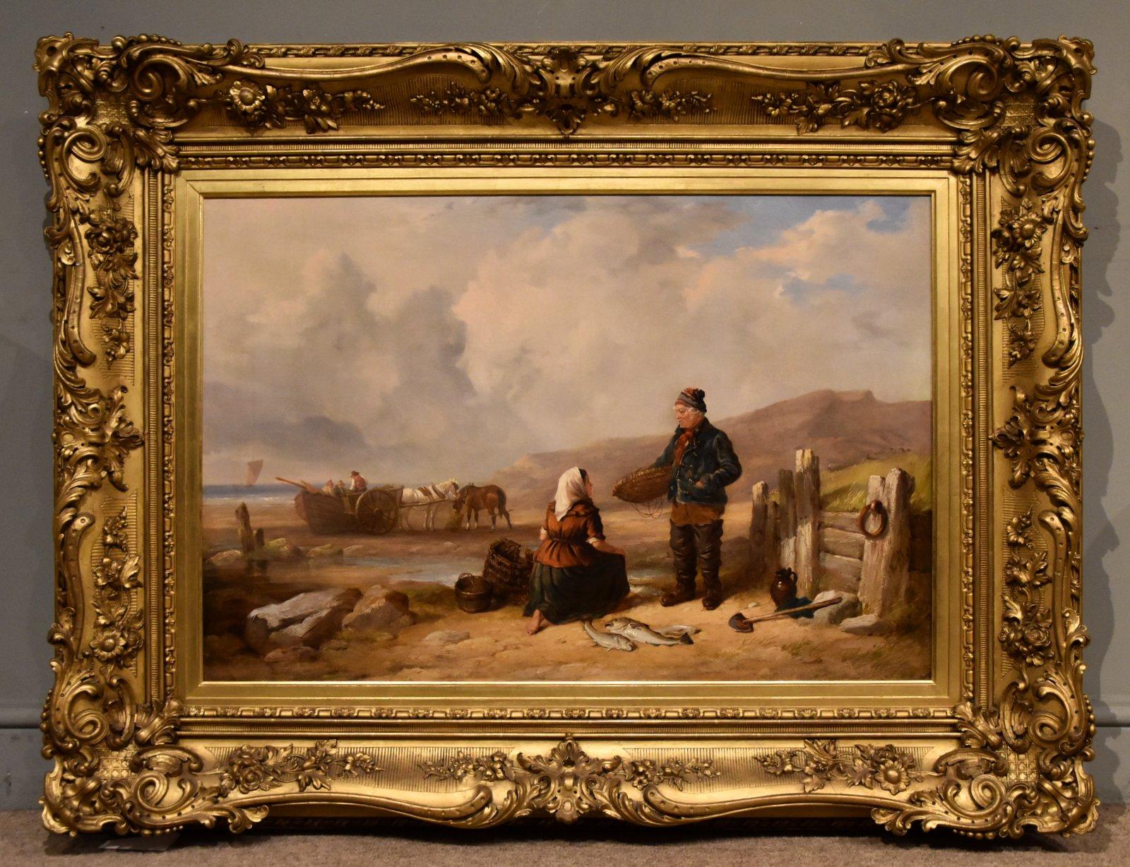 Dipinto a olio di Isaac Henzell "Fisherfolk by the Shore" (inglese, 1823-1875) An He era un raffinato artista nordumbriano, in eccellente cornice originale.  Olio su tela 28x36" firmato e datato 1847.

Dimensioni senza cornice 28 x 36