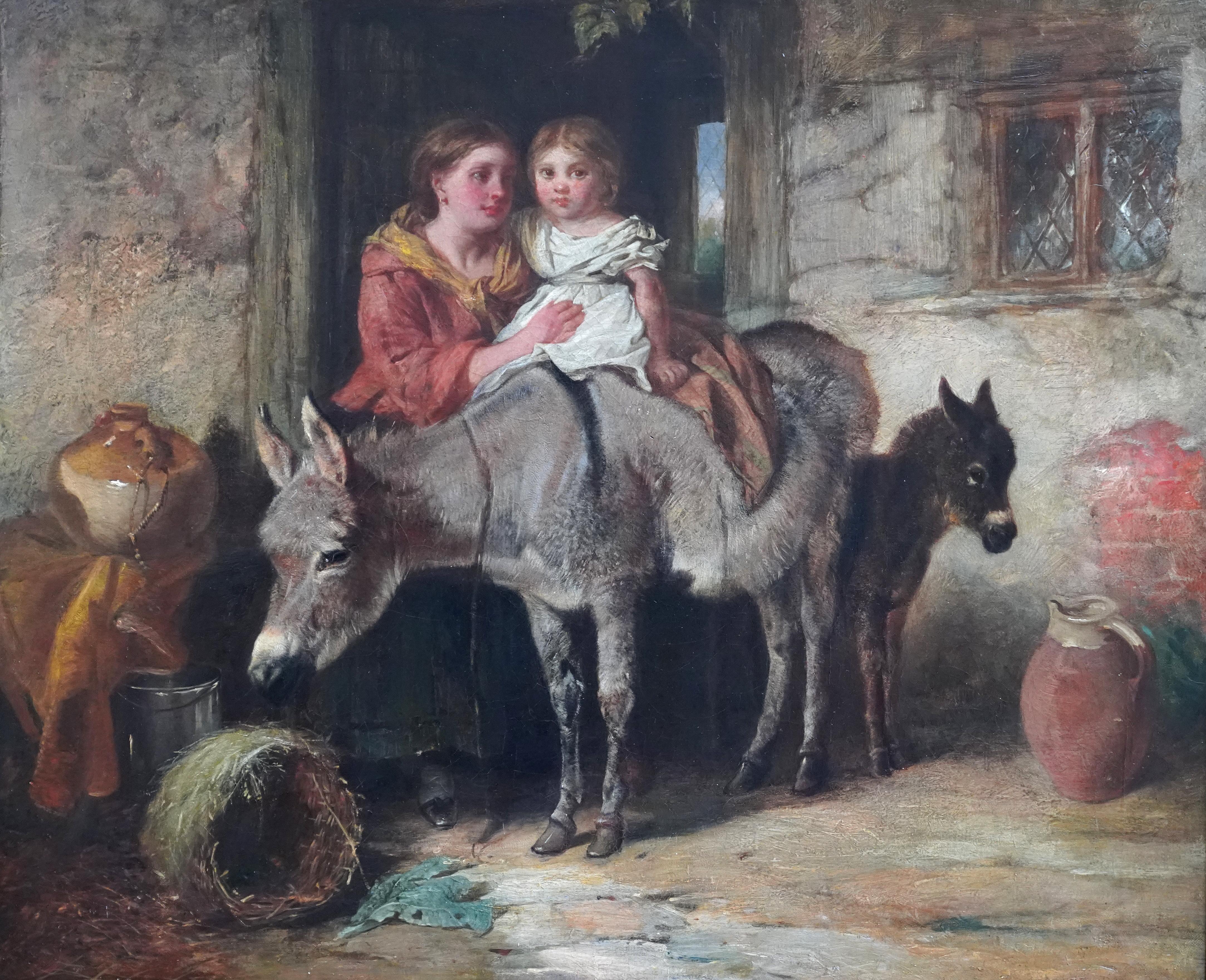 Portrait of Mother, Child and Donkey - British 19th century genre oil painting 6