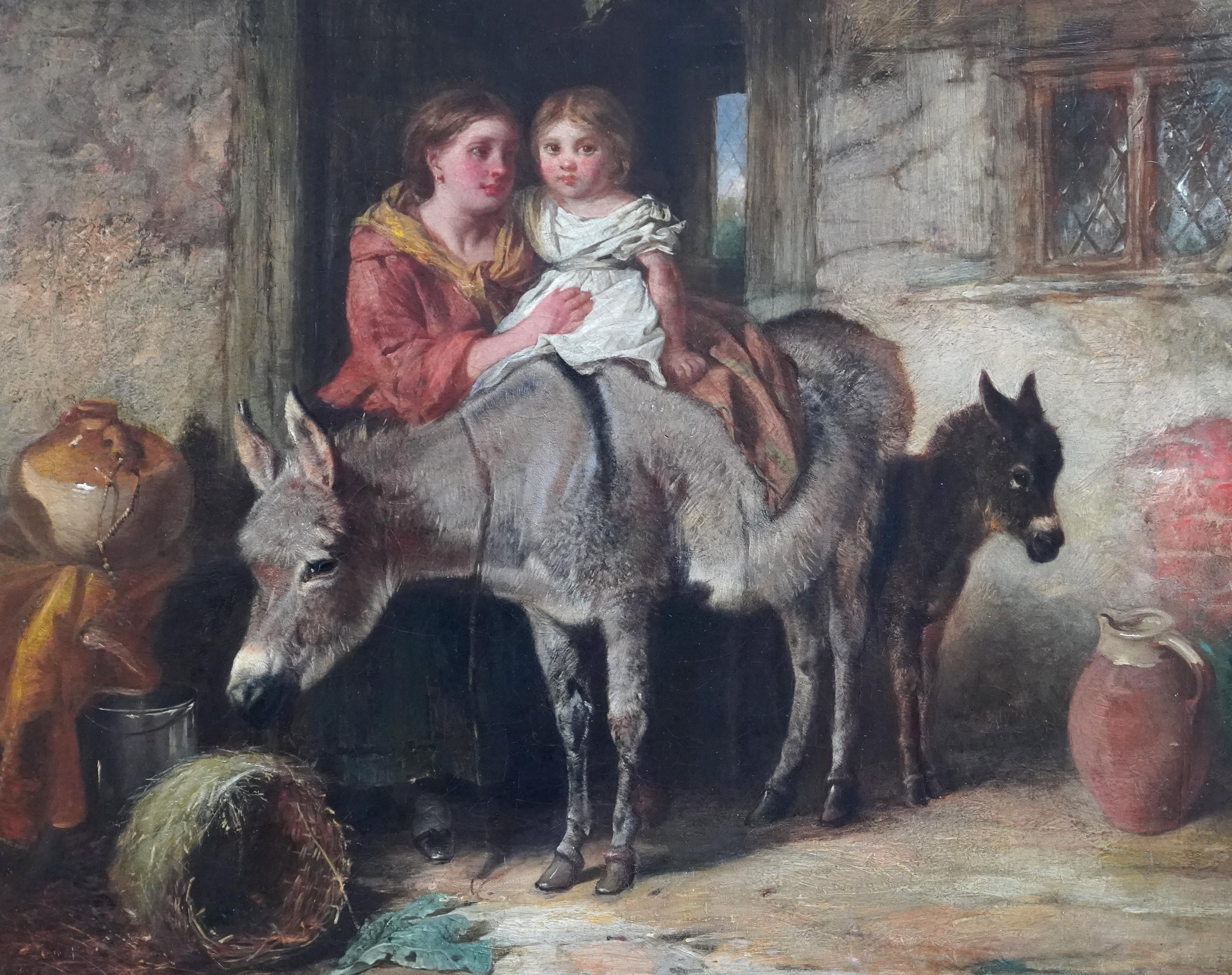 Portrait of Mother, Child and Donkey - British 19th century genre oil painting - Painting by Isaac Henzell