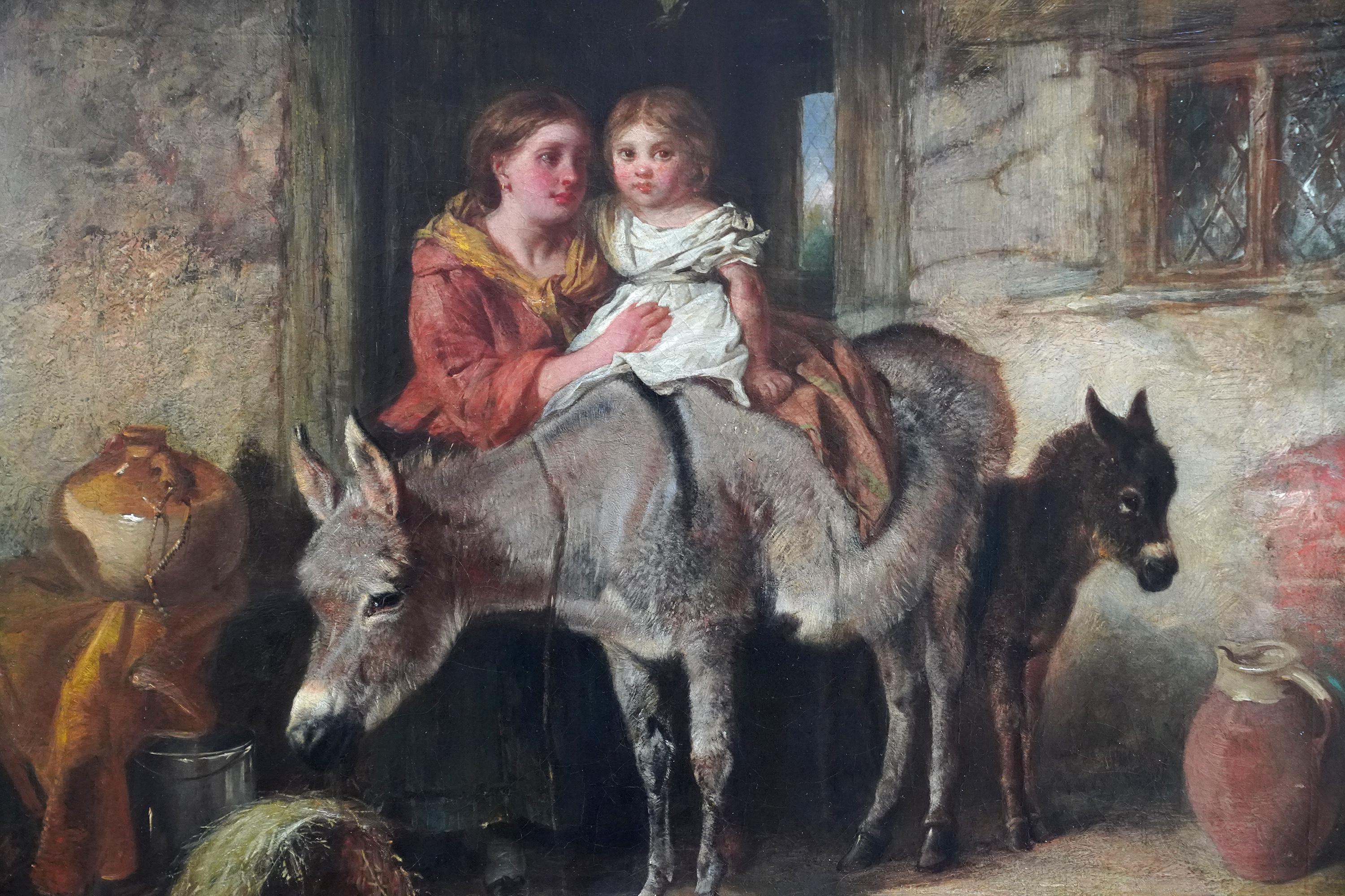 Portrait of Mother, Child and Donkey - British 19th century genre oil painting - Brown Animal Painting by Isaac Henzell