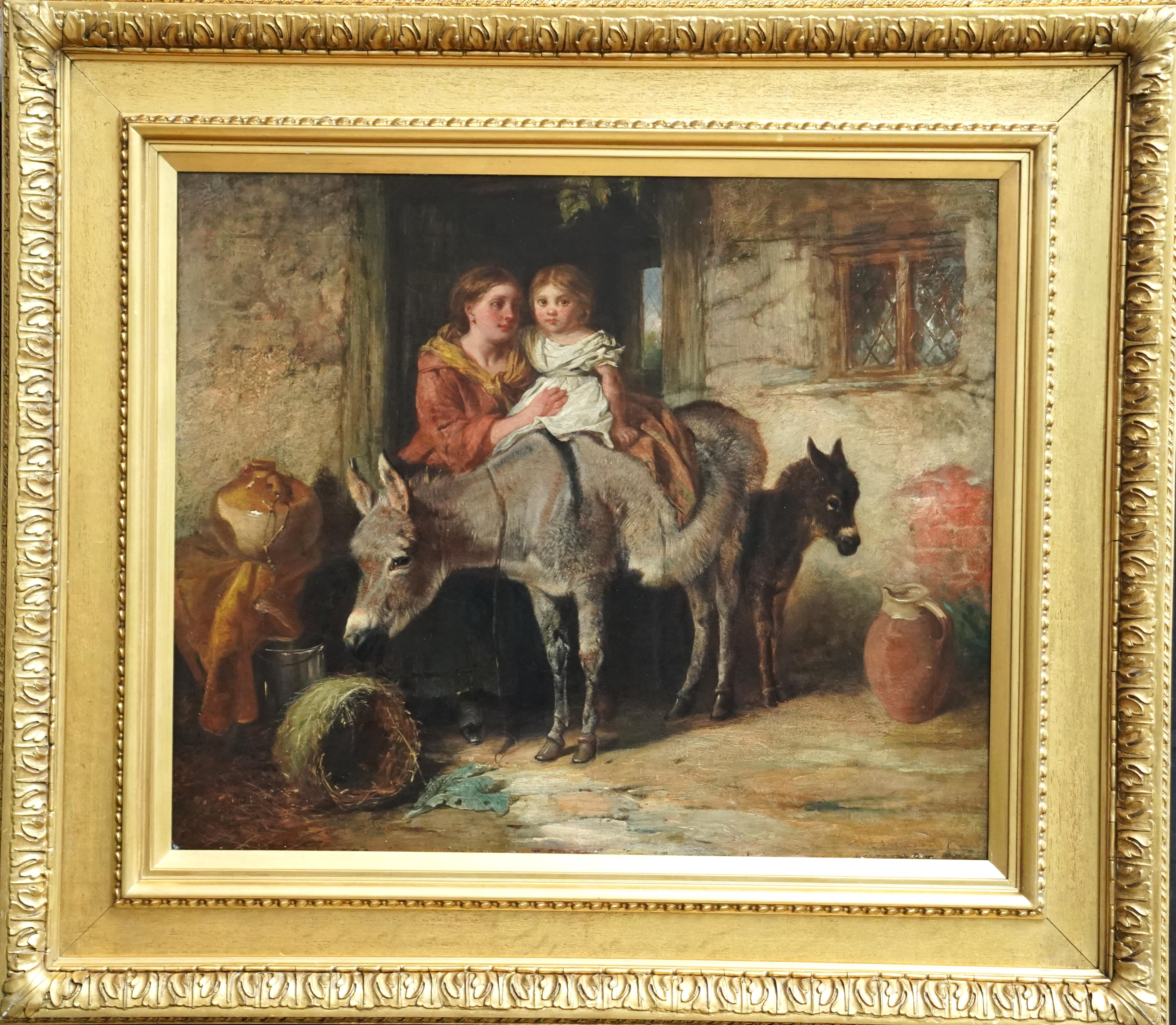 Isaac Henzell Animal Painting - Portrait of Mother, Child and Donkey - British 19th century genre oil painting