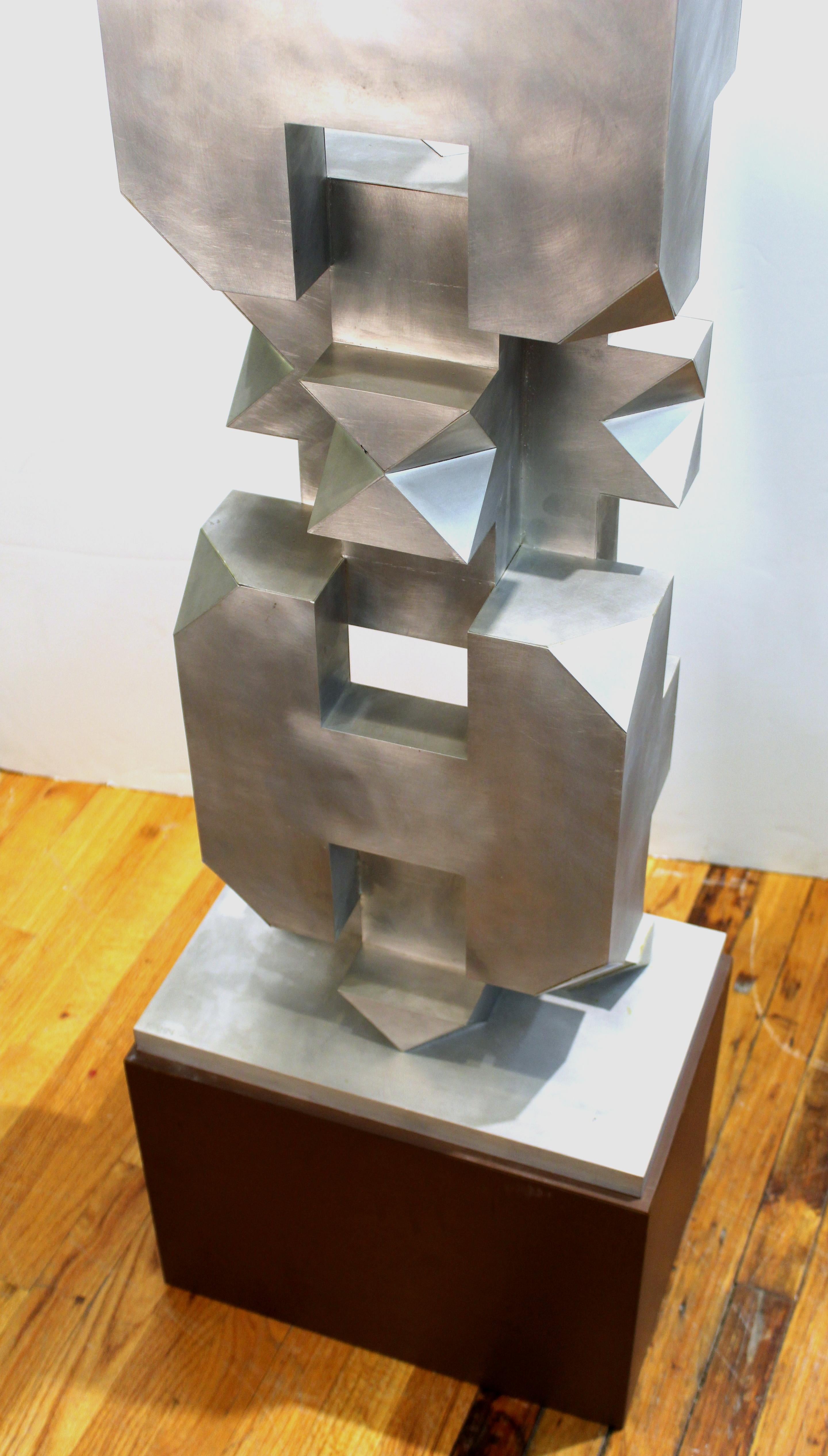 Isaac Kahn Signed Geometric TOTEM in Metal on Base 5