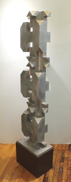 Isaac Kahn Signed Geometric TOTEM in Metal on Base