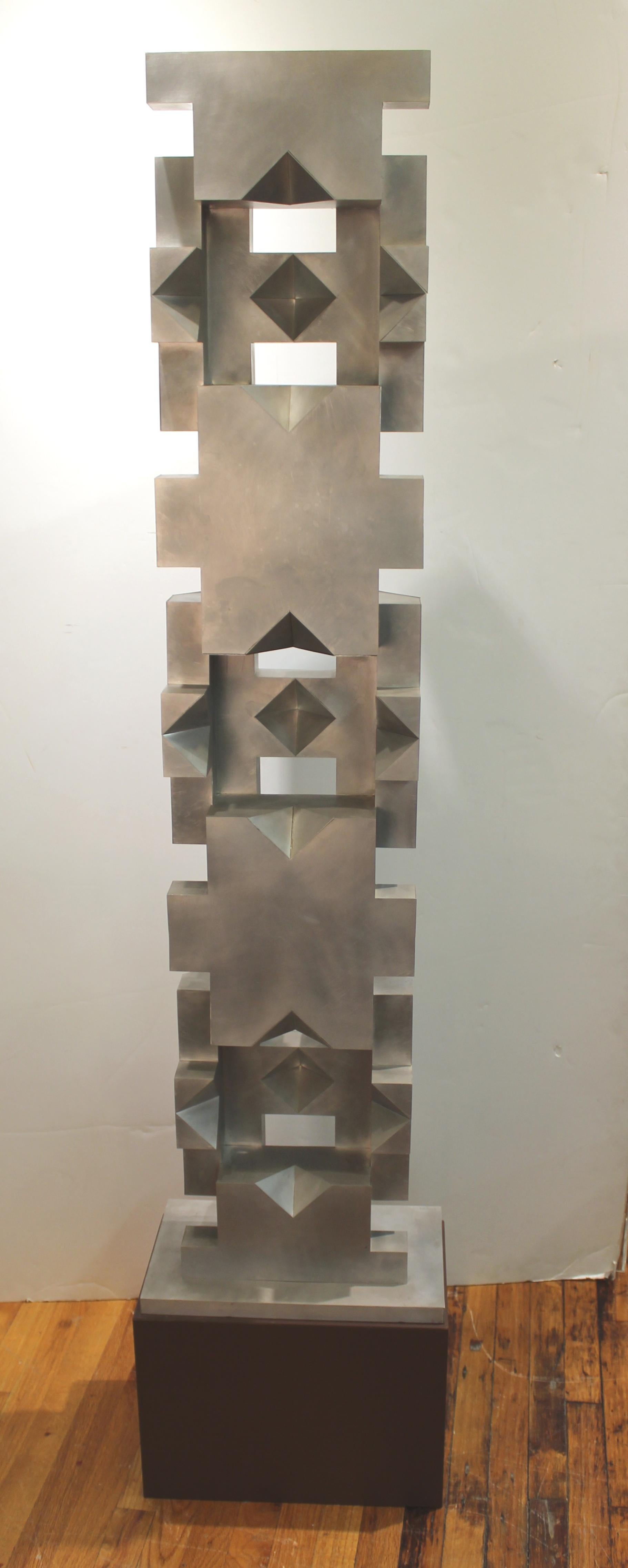 Uruguayan Isaac Kahn Signed Geometric TOTEM in Metal on Base