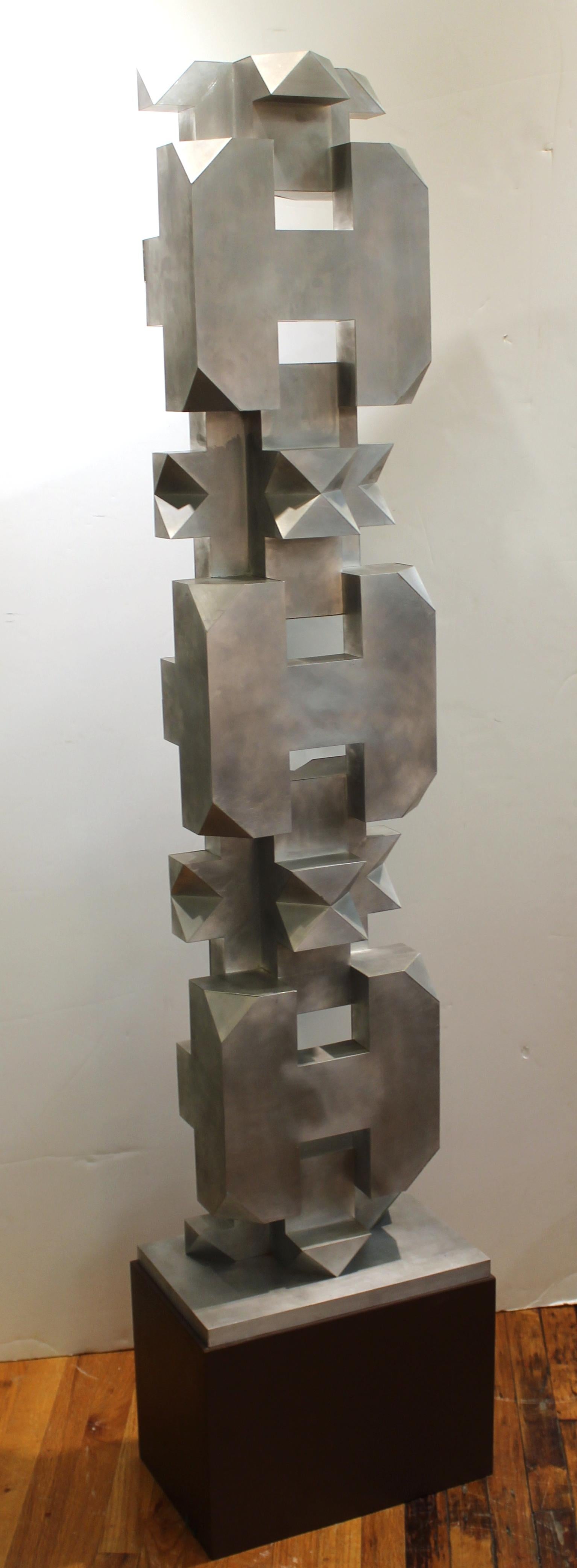 Late 20th Century Isaac Kahn Signed Geometric TOTEM in Metal on Base