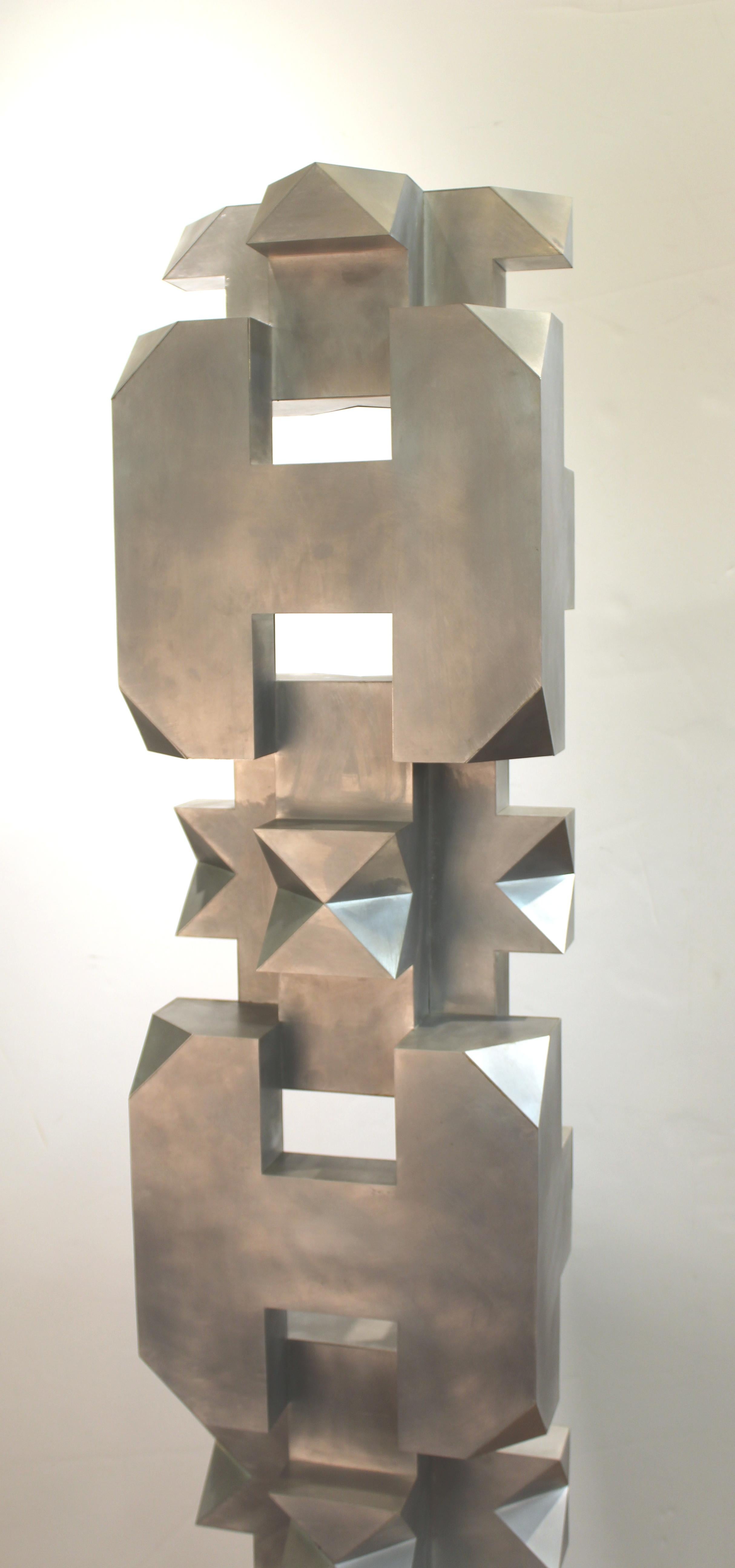 Isaac Kahn Signed Geometric TOTEM in Metal on Base 1