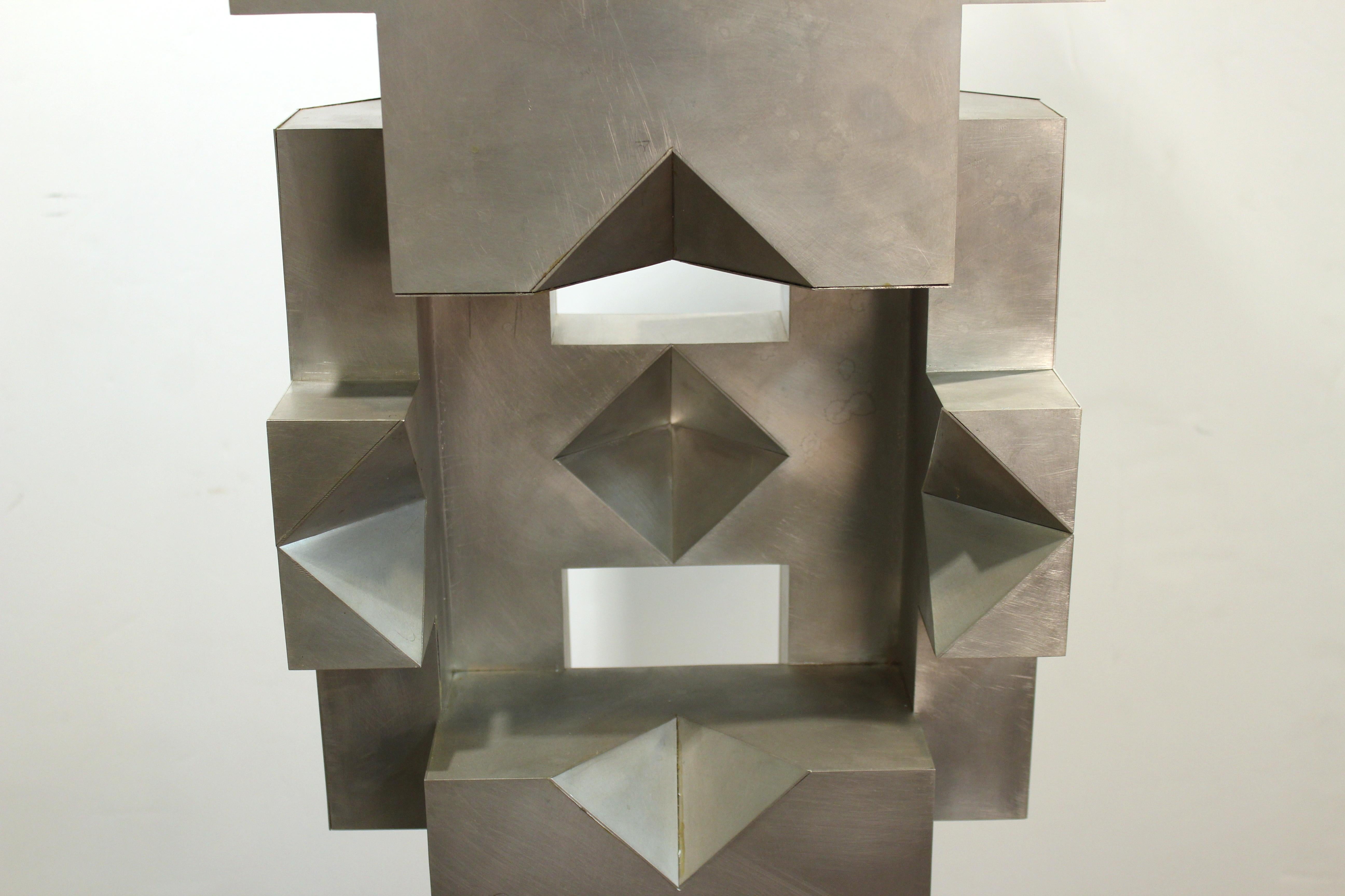 Isaac Kahn Signed Geometric TOTEM in Metal on Base 3