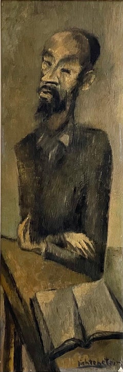 Pintura al óleo rabino modernista Judaica Escena de sinagoga judía París. Lichtenstein.