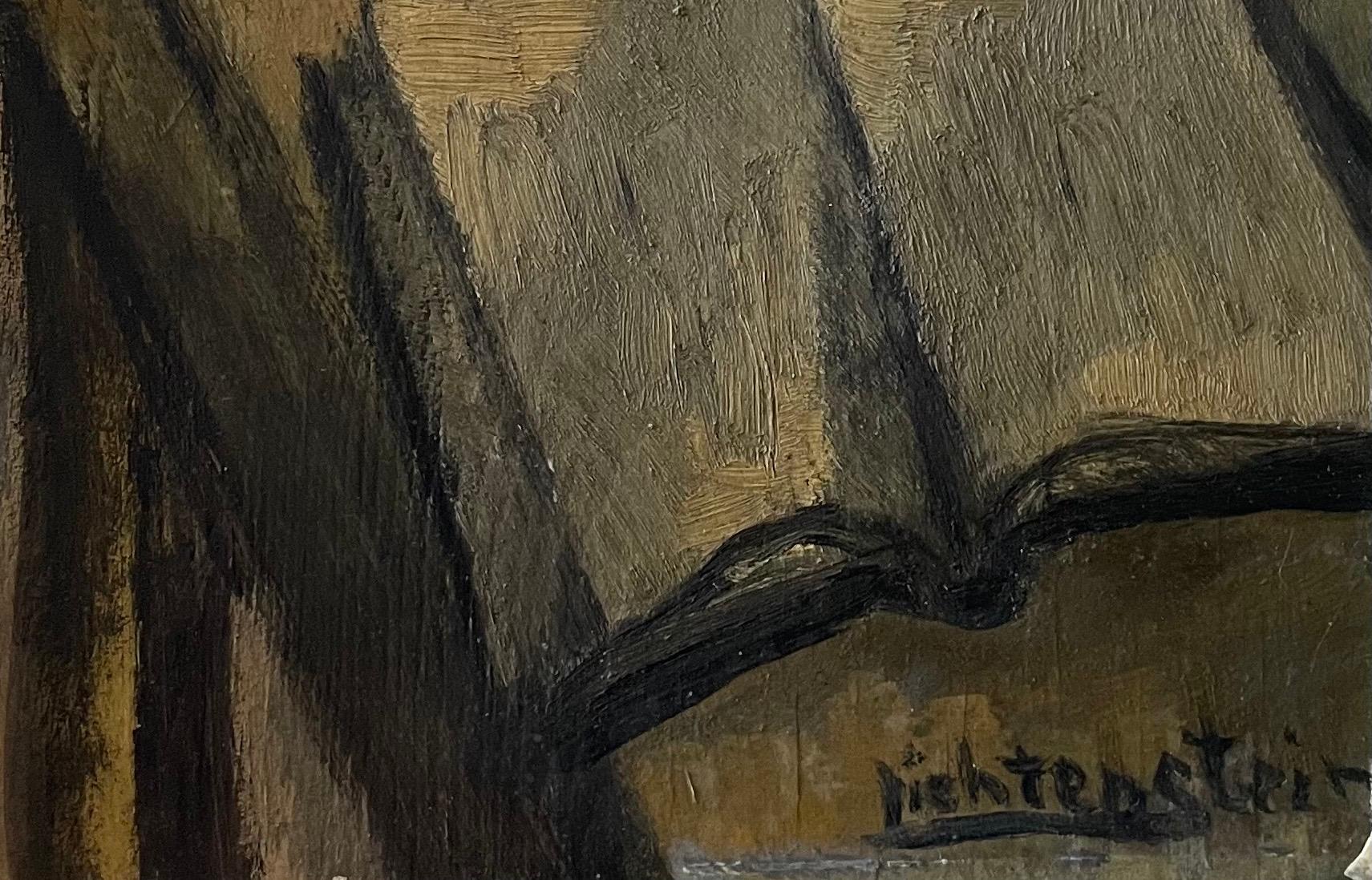 Peinture à l'huile moderniste de lapin, scène de Synagogue juive judaïque, Paris. Lichtenstein. - Marron Portrait Painting par Isaac Lichtenstein