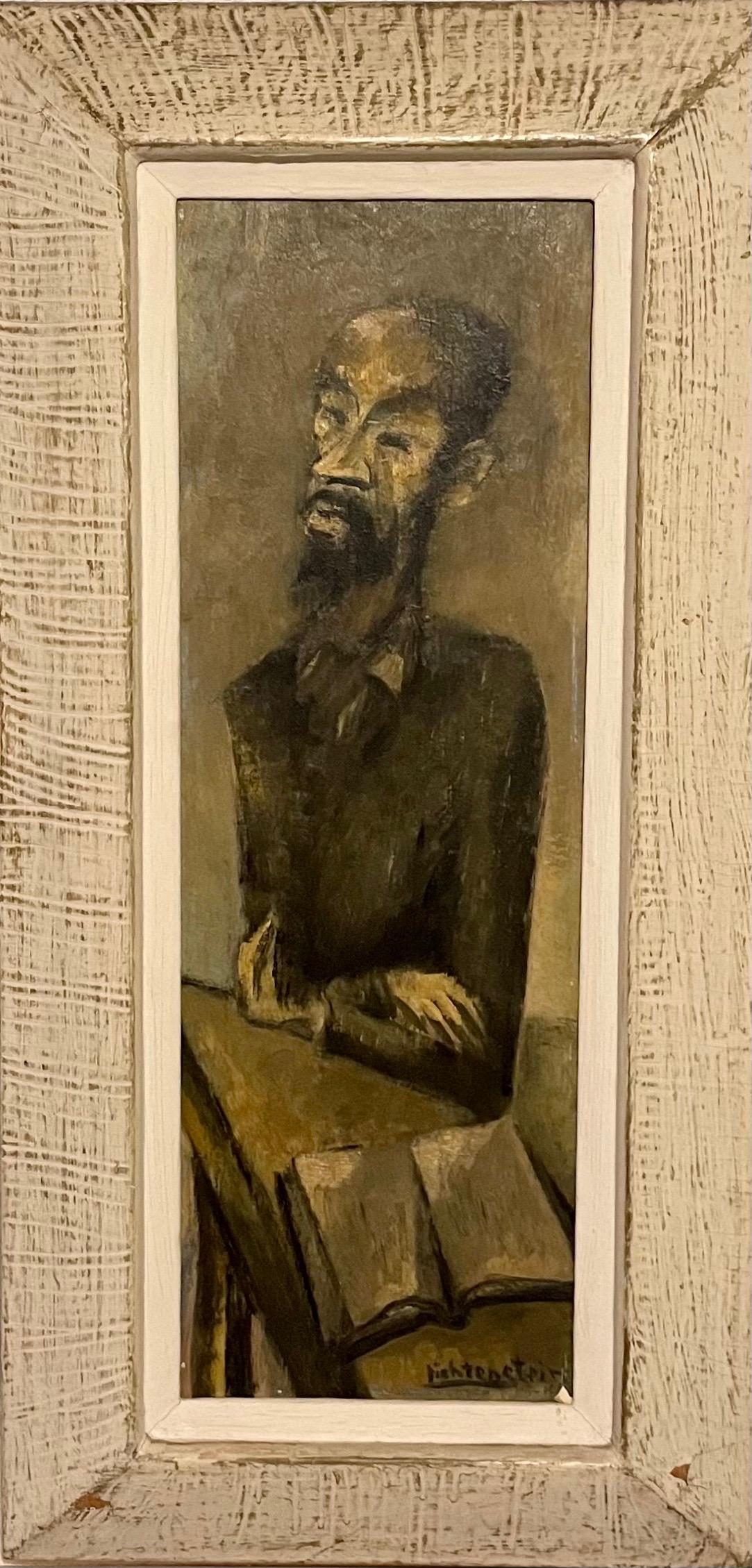 Portrait Painting Isaac Lichtenstein - Peinture à l'huile moderniste de lapin, scène de Synagogue juive judaïque, Paris. Lichtenstein.