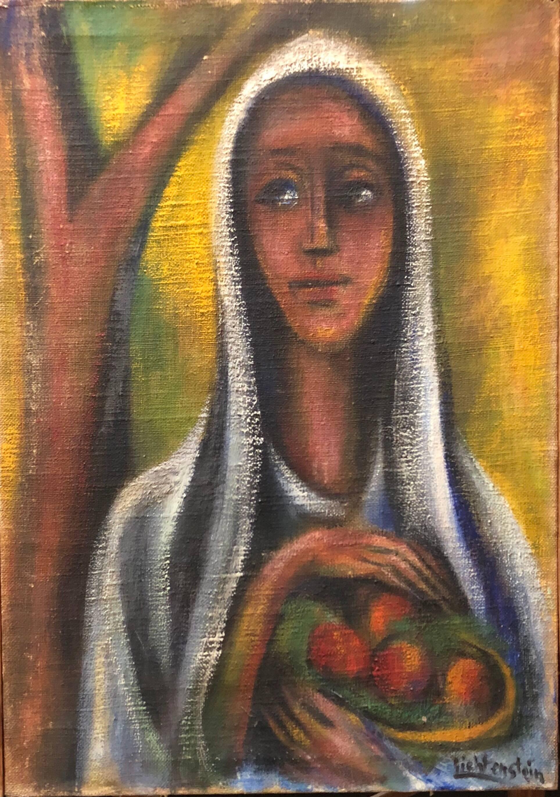 Rare Oil Painting Woman with Fruit Bezalel School Jerusalem Israeli Judaica - Brown Figurative Painting by Isaac Lichtenstein