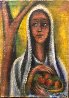 Antique Rare Oil Painting Woman with Fruit Bezalel School Jerusalem Israeli Judaica