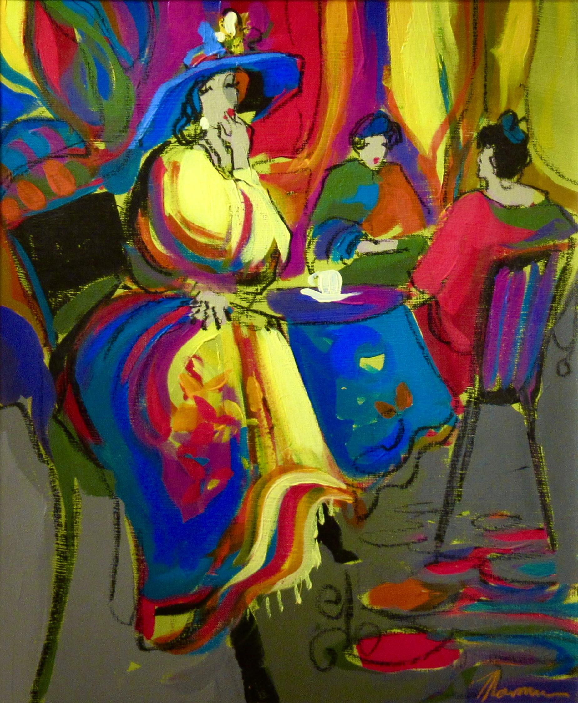 Au Cafe (trois femmes assises) - Painting de Isaac Maimon