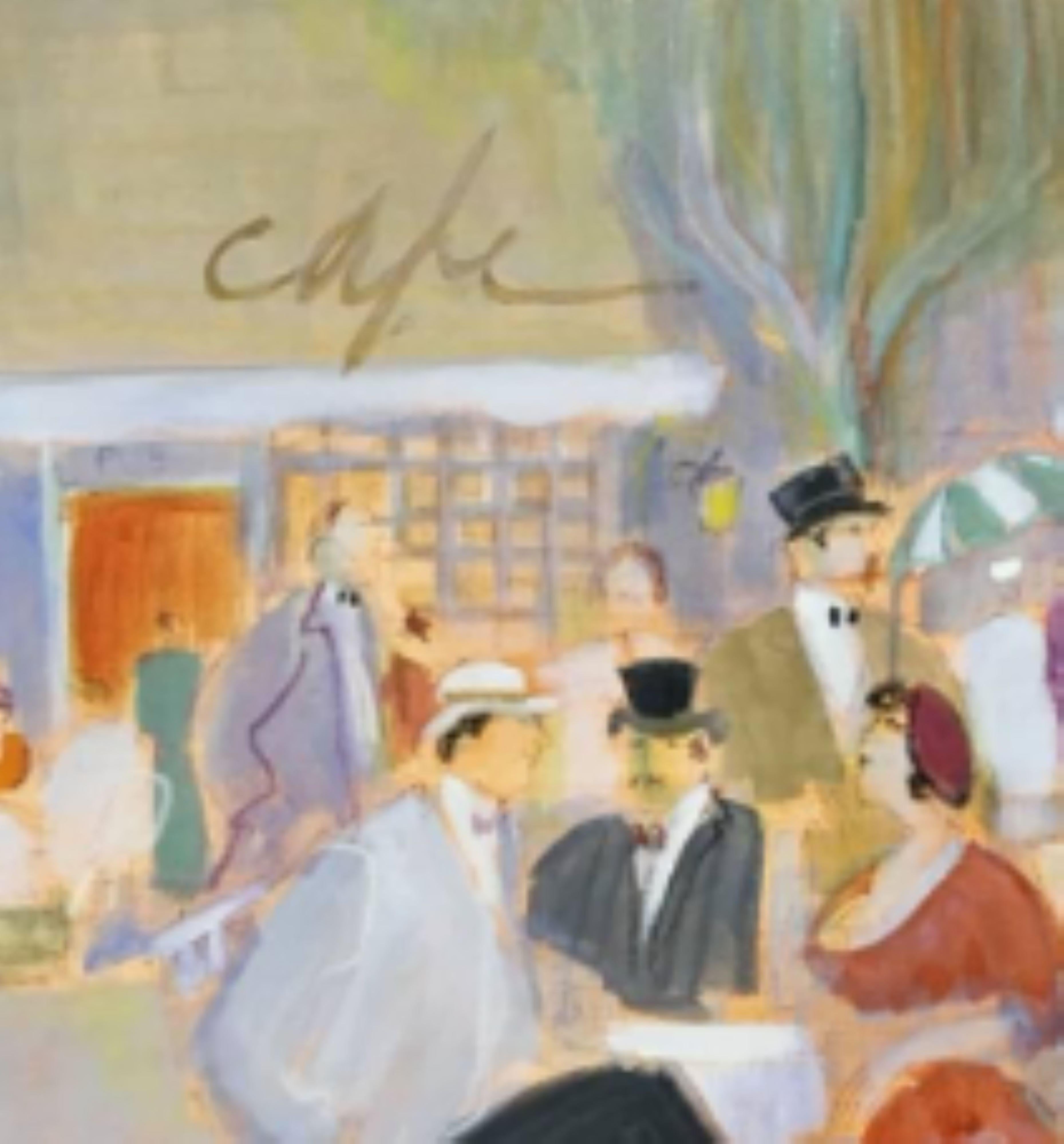 Pittura espressionista 'Cafe - Figurative Painting Beige di Isaac Maimon