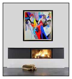 Grande peinture à l'huile originale sur toile signée Isaac Maimon Lady Portrait Cafe Art