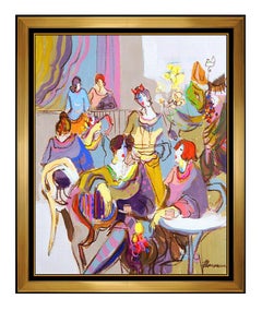 Vintage Isaac Maimon Large Original Painting Acrylic On Canvas Signed Ladies Cafe Art