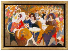 Vintage Isaac Maimon Original Painting Large Oil On Canvas Signed Ladies Cafe Artwork