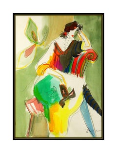 Isaac Maimon Original Watercolor Painting Female Portrait Cafe Signed Art oil