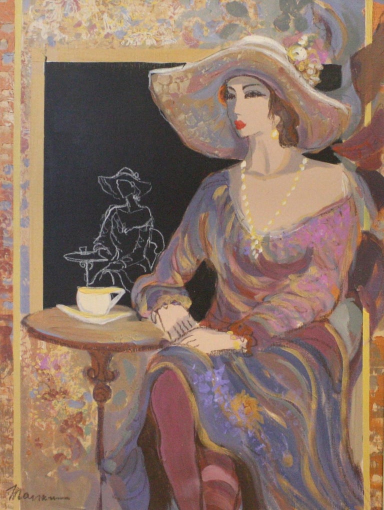 Isaac Maimon - Lady At The Cafe-Original Acrylic on Canvas, Signed by ...