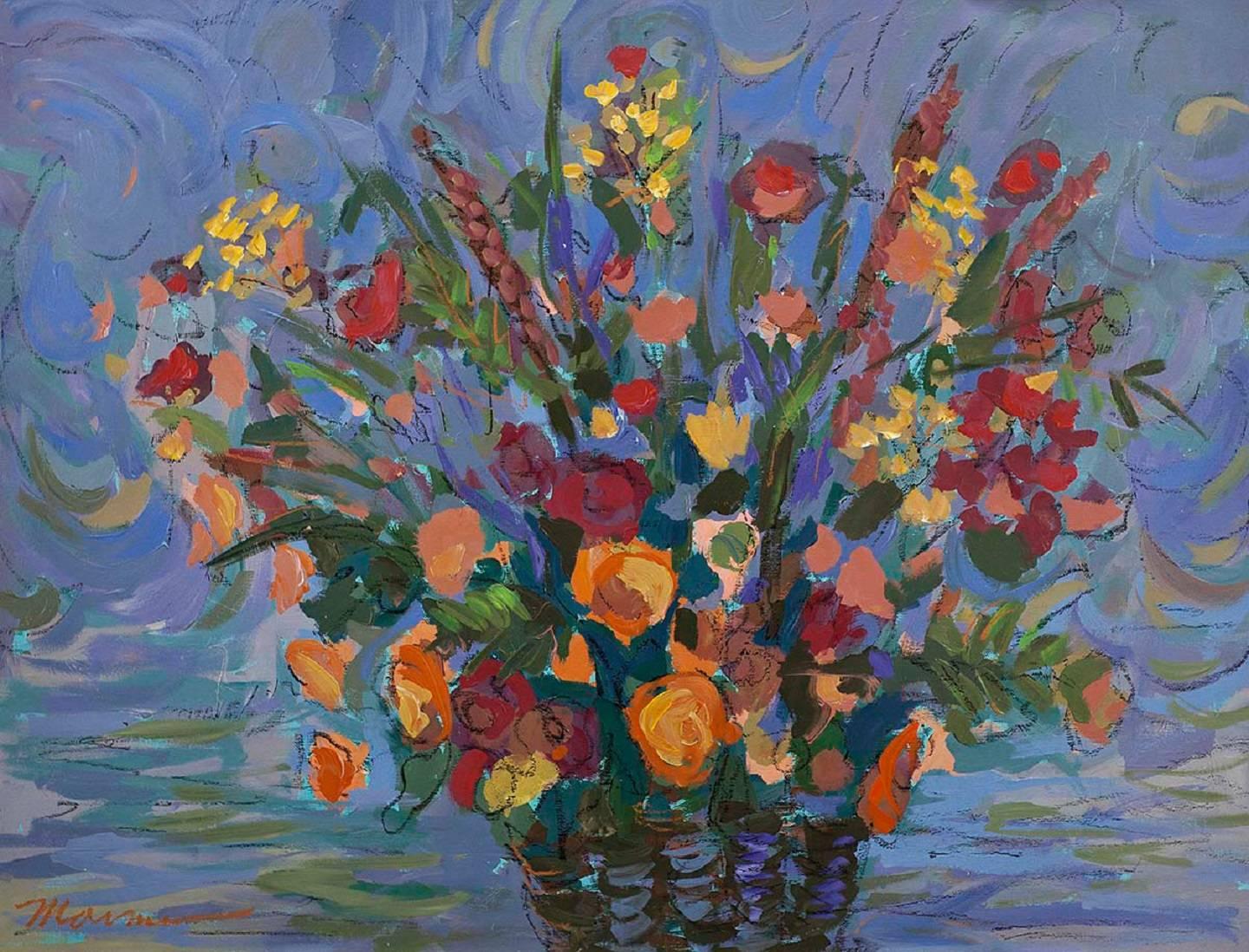 Grande peinture à l'huile vibrante - Vase coloré de fleurs - L'artiste israélien Isaac Maimon 