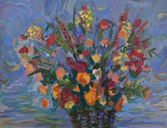 Large Vibrant Oil Painting Colorful Vase of Flowers Israeli Artist Isaac Maimon 