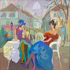 Table for Two, Original Painting on Canvas, Hand Signed 34 x 34 in. Framed