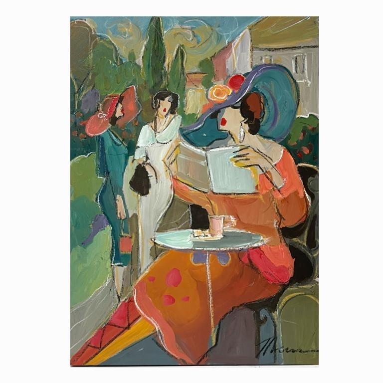 Vibrant Israeli Oil Painting Colorful Cafe Scene Ladies who Lunch Isaac Maimon