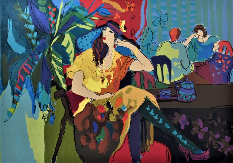 Cafe Scene, large original color serigraph - Print by Isaac Maimon