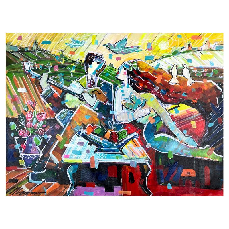This is an original acrylic painting on canvas by Isaac Maimon, hand signed by the artist. Includes Letter of Authenticity. Measures approx. 40" x 30" (image).