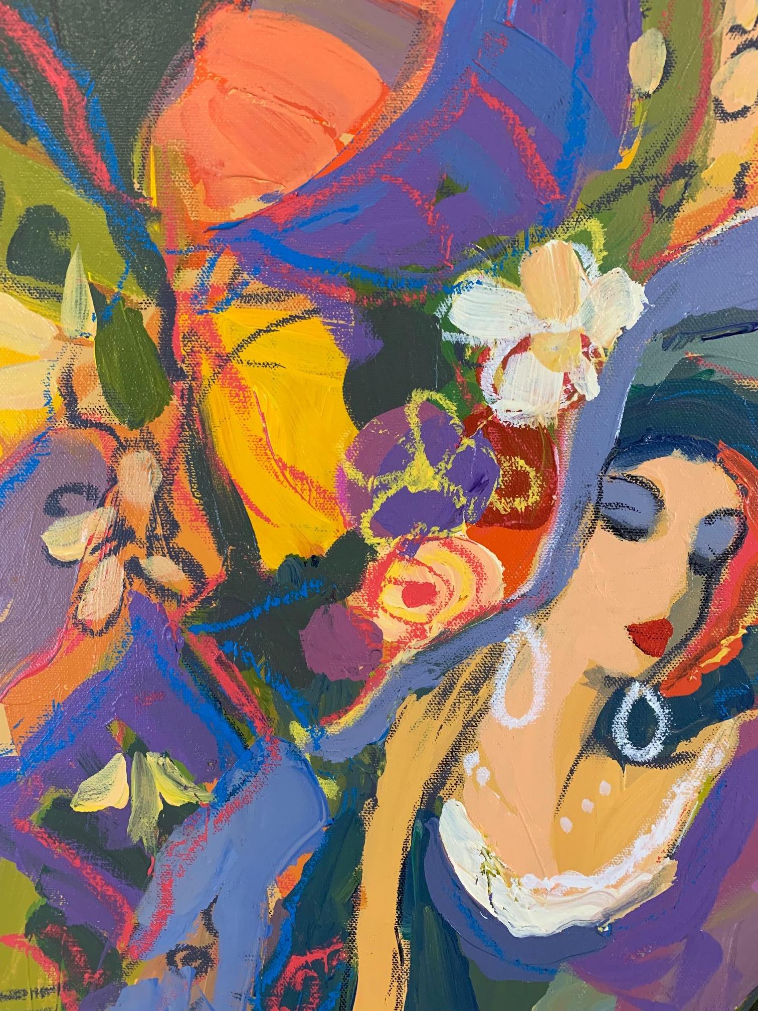 Magnifique acrylique sur toile d'Isaac Maimon représentant deux dames à la mode, jambes croisées, assises dans un café avec des parapluies. 

Les dames parisiennes, les scènes de café et les couleurs éclatantes de Maimon font de lui un artiste