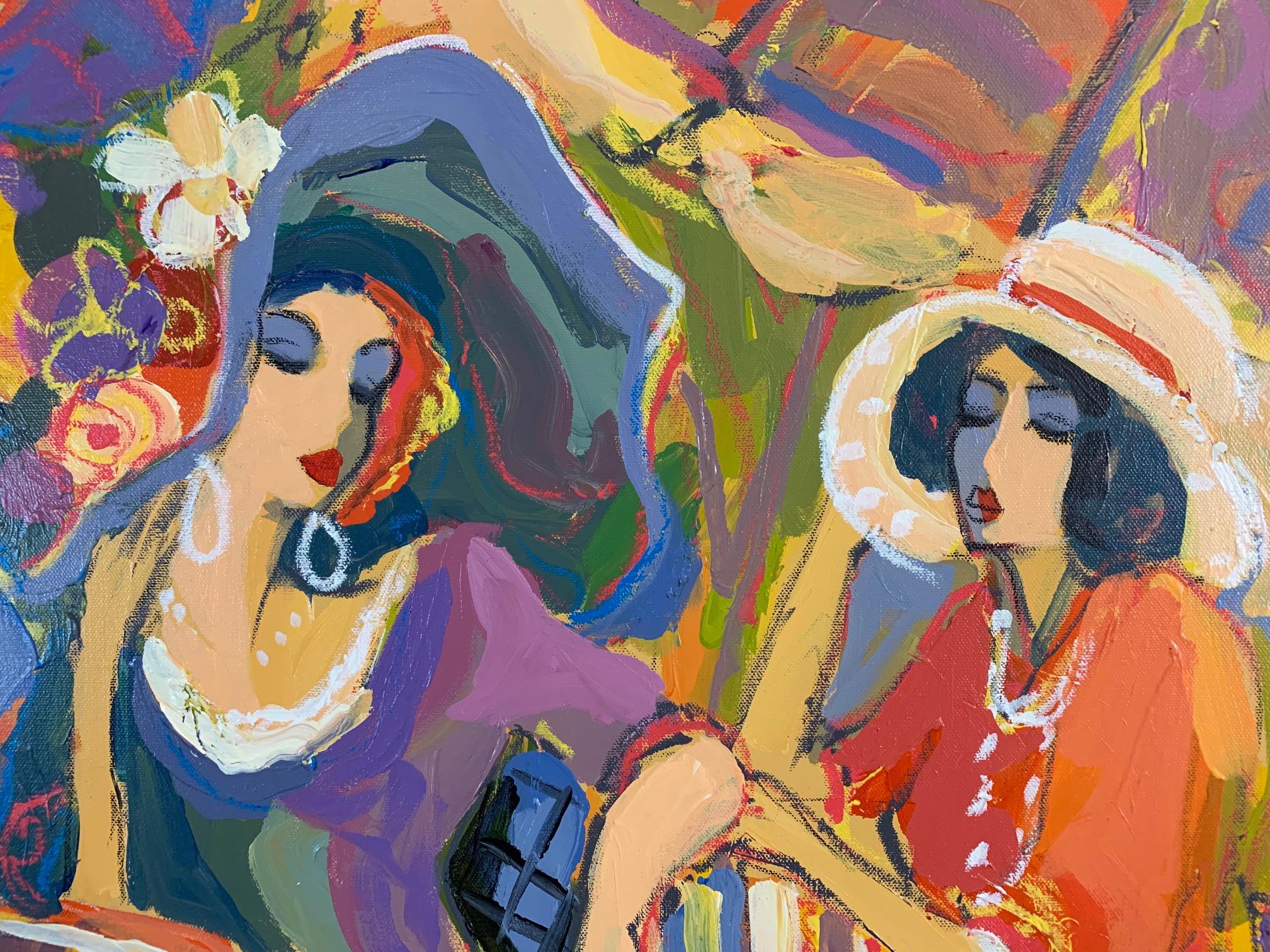 Israélien Peinture Isaac Maimon représentant deux femmes à la mode au café en vente