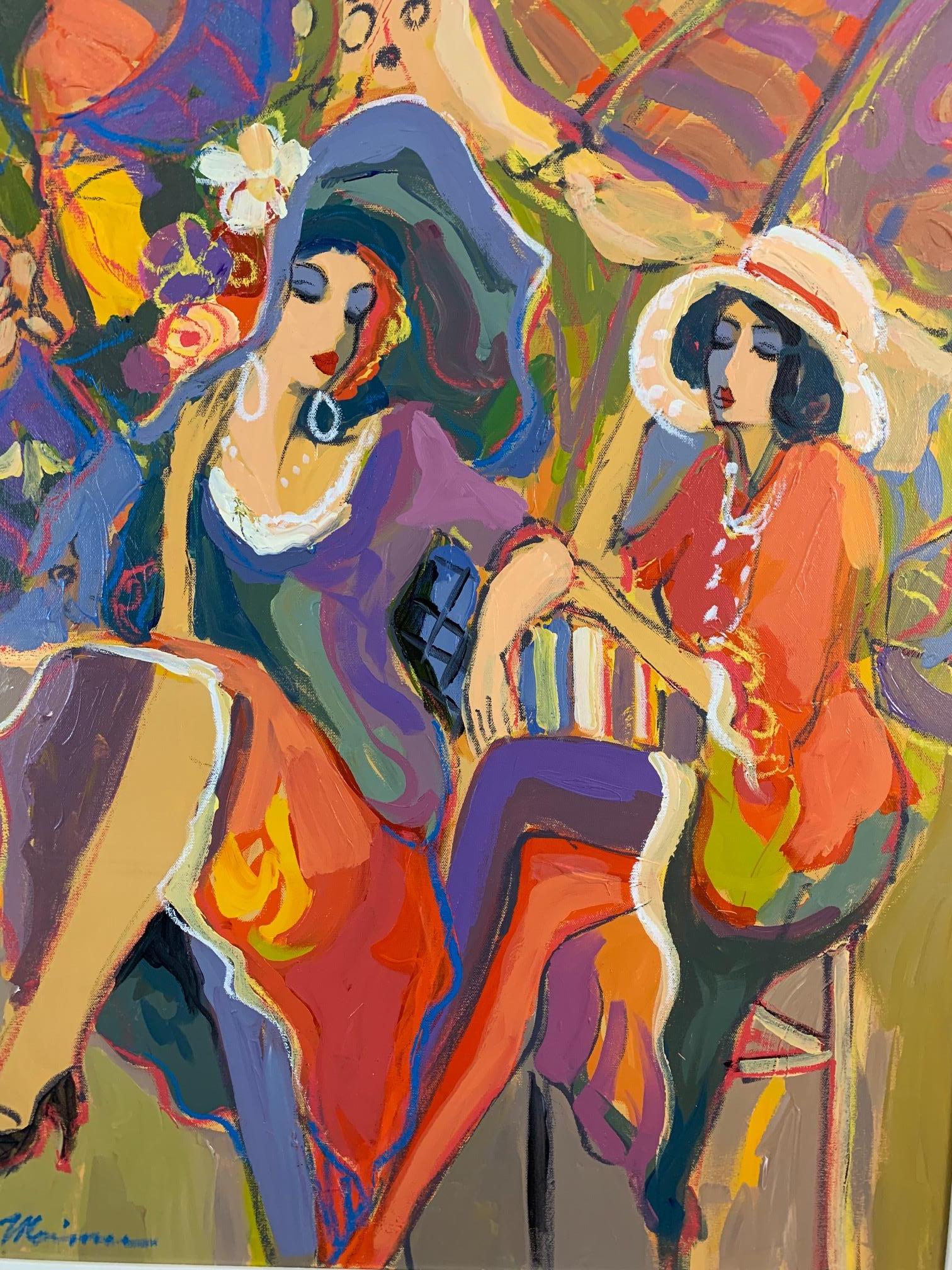 Peinture Isaac Maimon représentant deux femmes à la mode au café Bon état - En vente à Hopewell, NJ