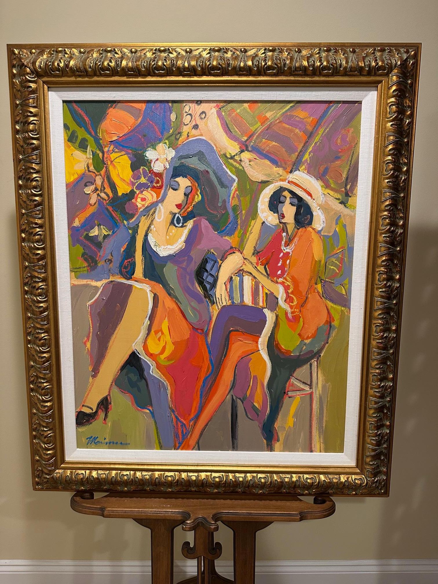 Israélien Isaac Maimon Peinture de deux femmes à la mode au café en vente