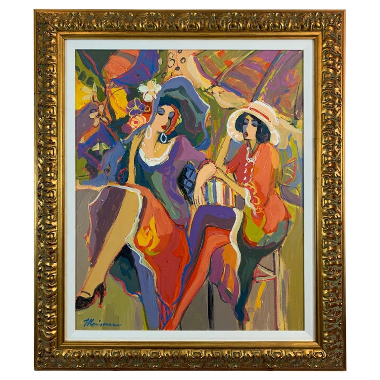 Isaac Maimon Painting of Two Fashionable Women at Cafe For Sale
