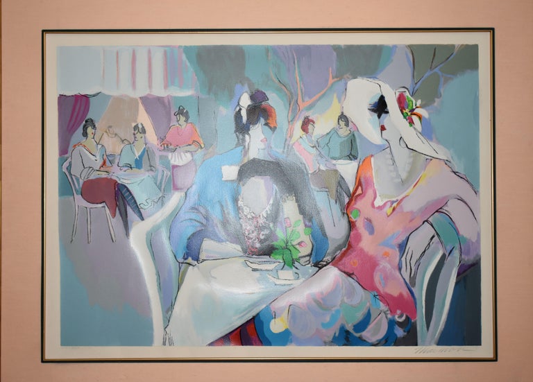 Isaac Maimon Serigraph on Paper Of ladies seating at Paris terrace cafee with gold leaf wood frame

Painting in bold colors society scenes, Isaac Maimon was born in Israel in 1951 to French-speaking parents, and in his artwork, he shows much