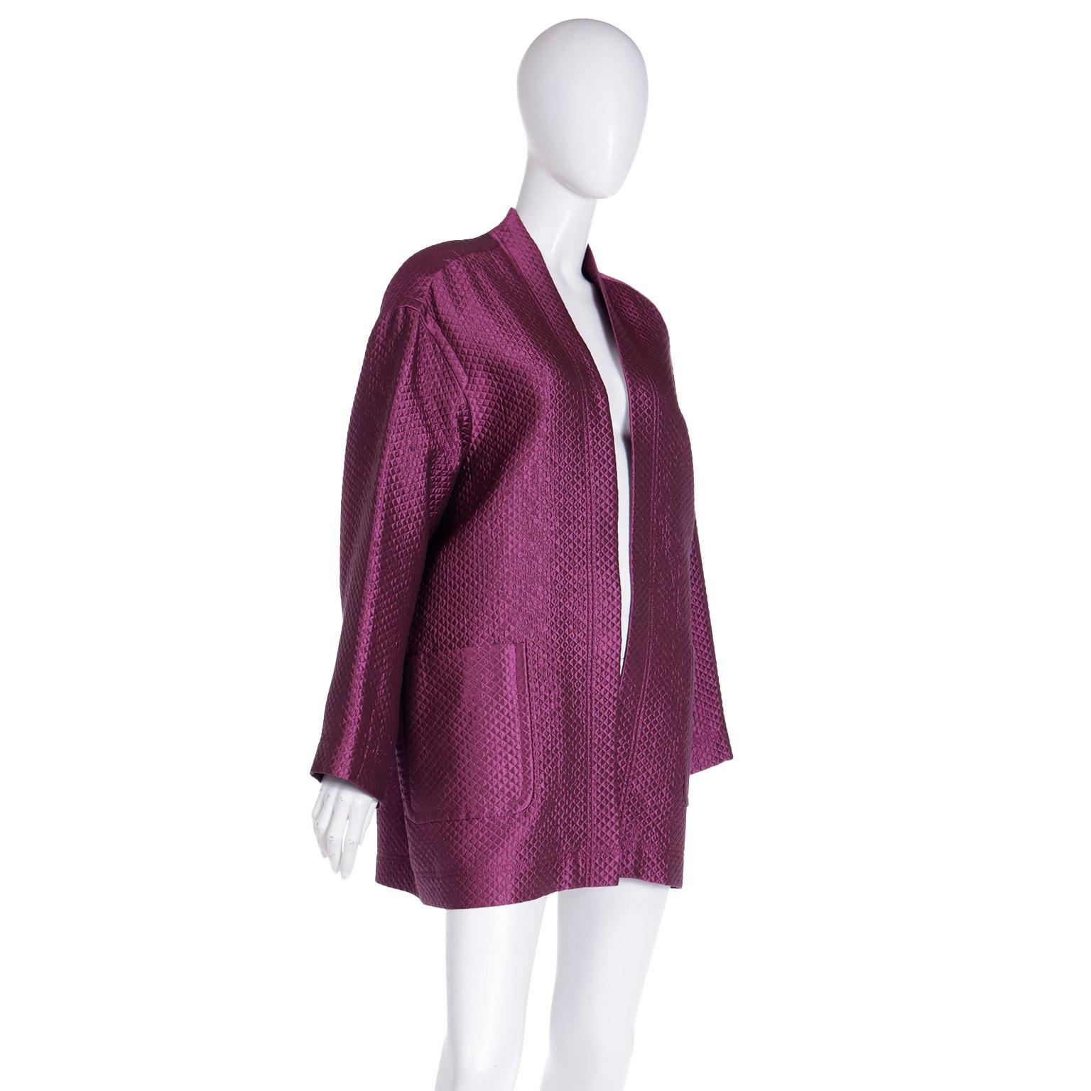 Isaac Mizrahi 1990s Purple Silk Blend Quilted Vintage Open Front Jacket In Excellent Condition For Sale In Portland, OR