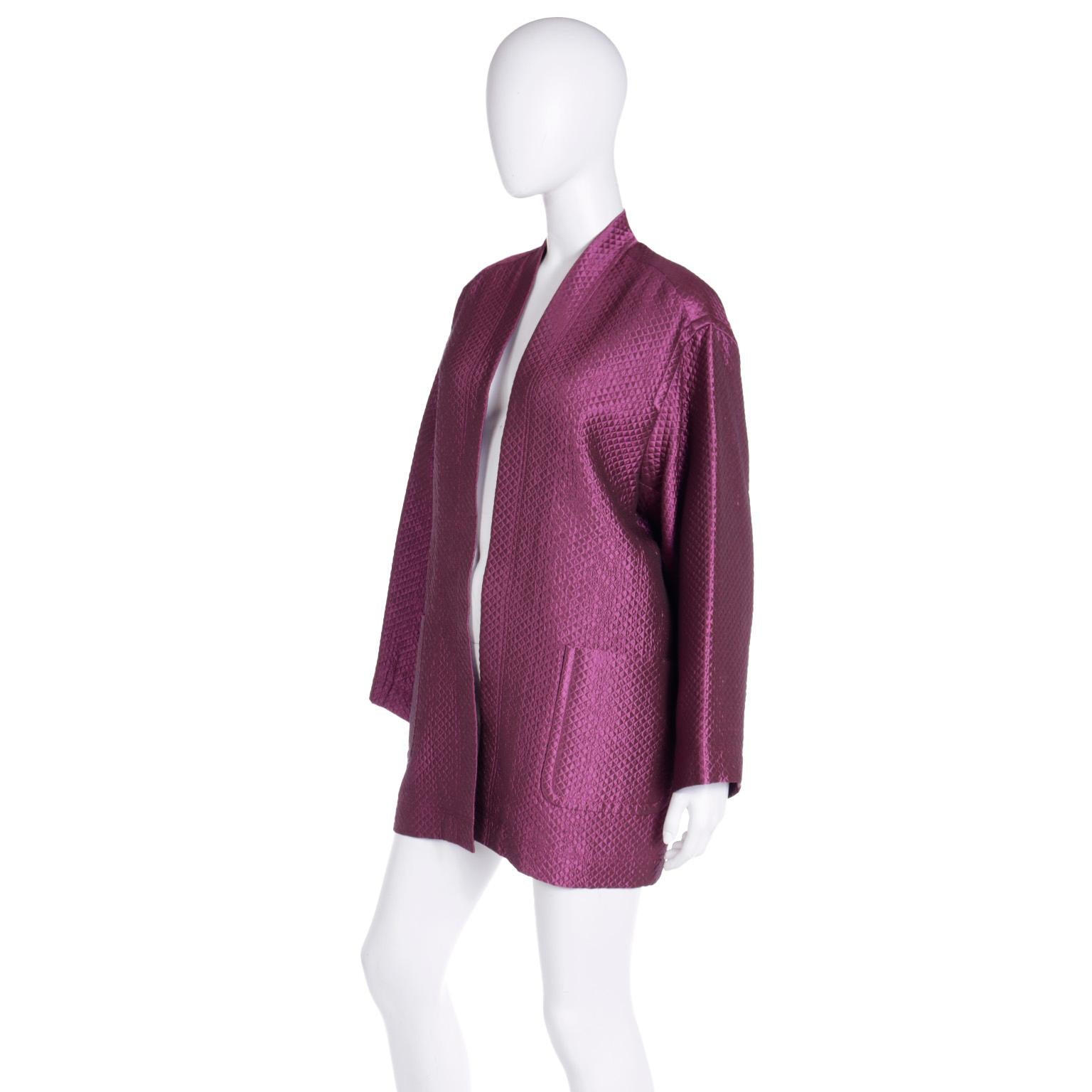 Isaac Mizrahi 1990s Purple Silk Blend Quilted Vintage Open Front Jacket For Sale 1