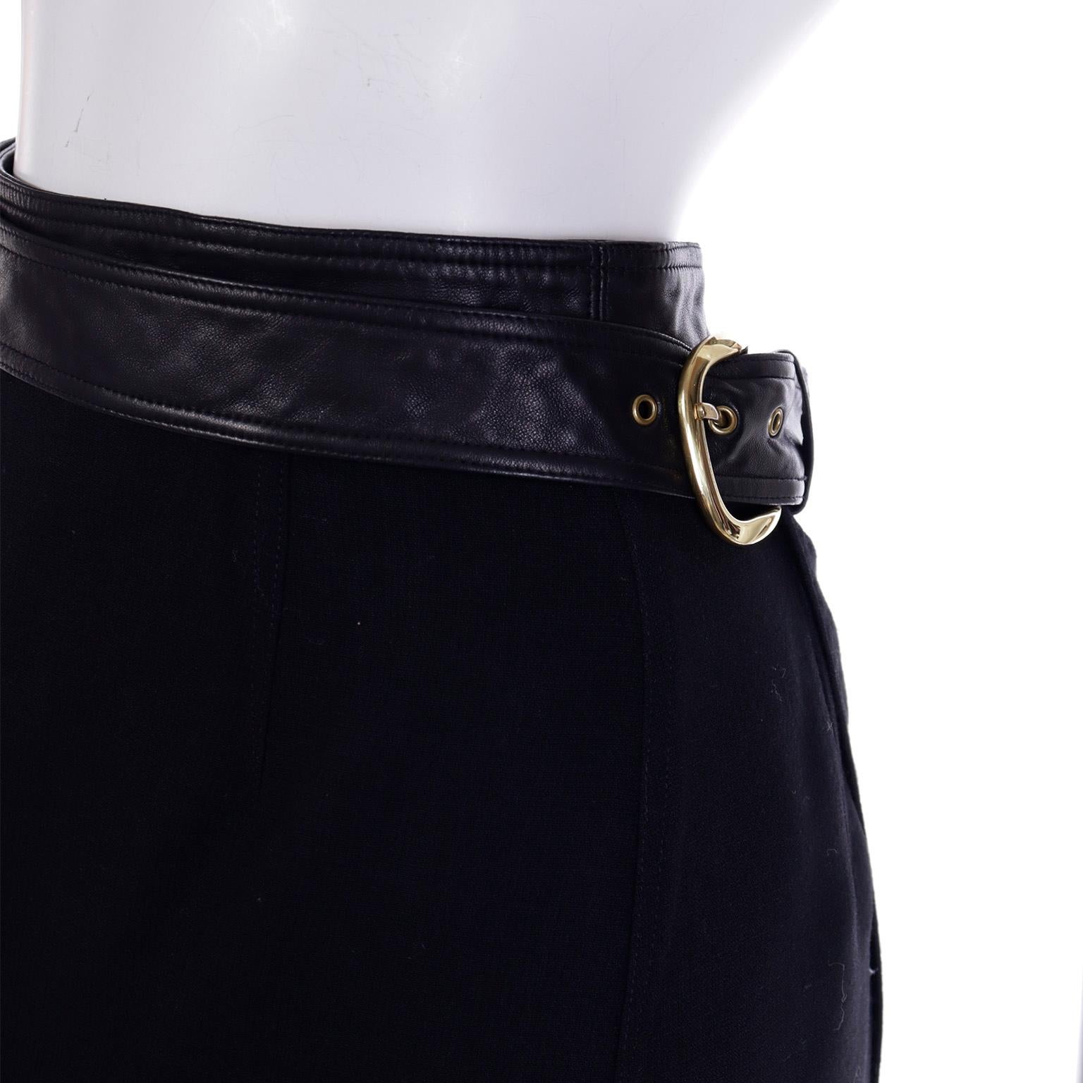 Isaac Mizrahi 1990s Vintage Black Wool Midi Skirt With Leather Trim & Belt For Sale 2