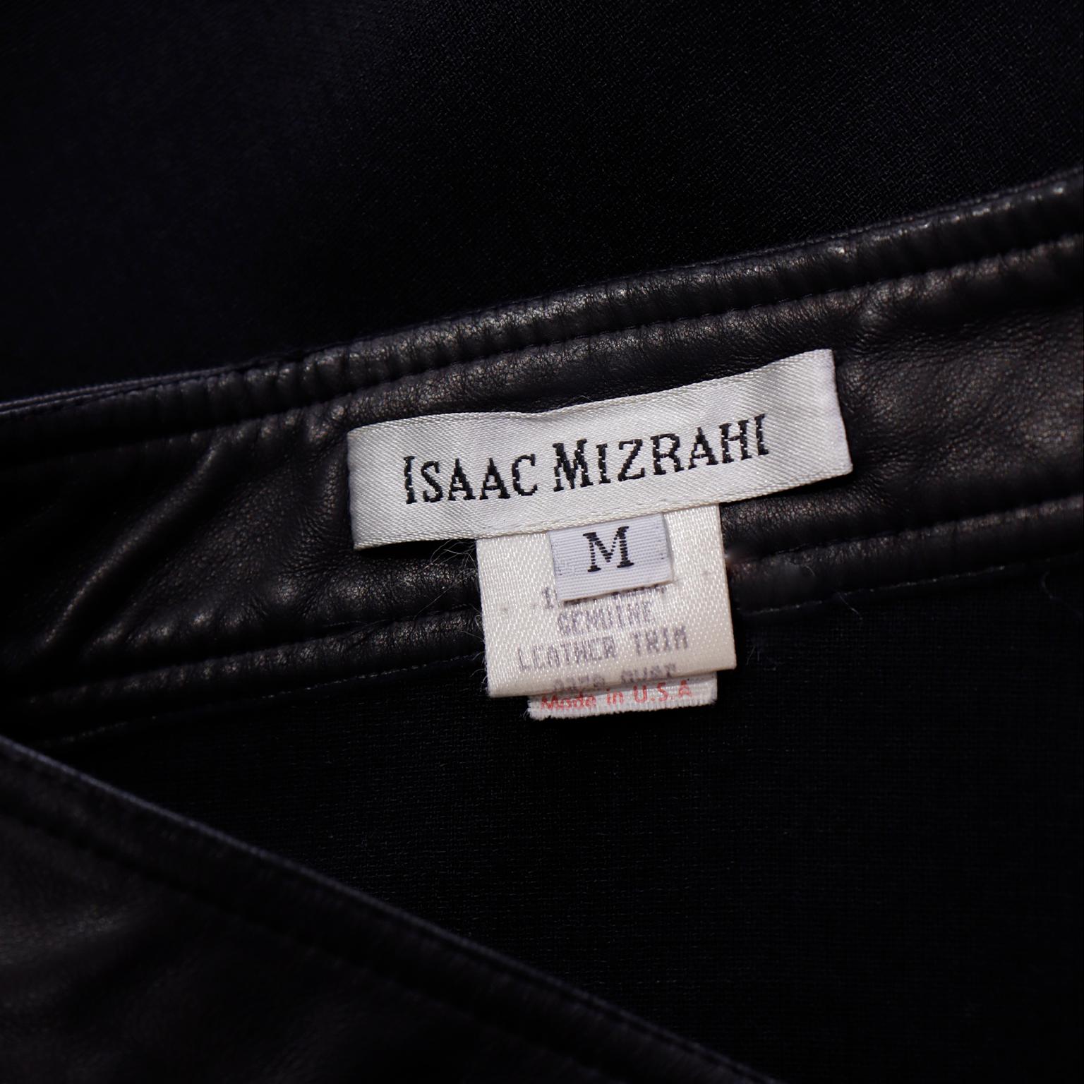 Isaac Mizrahi 1990s Vintage Black Wool Midi Skirt With Leather Trim & Belt For Sale 4