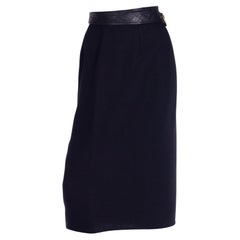 Isaac Mizrahi 1990s Vintage Black Wool Midi Skirt With Leather Trim & Belt