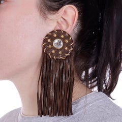 Isaac Mizrahi 1990s Western Inspired Leather Fringe Earrings w Rhinestone