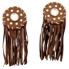 Isaac Mizrahi 1990s Western Inspired Leather Fringe Earrings w Rhinestone