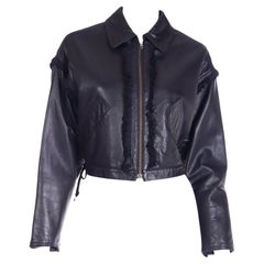 Isaac Mizrahi 1991 Black Genuine Leather Cropped Runway Jacket w Suede Trim