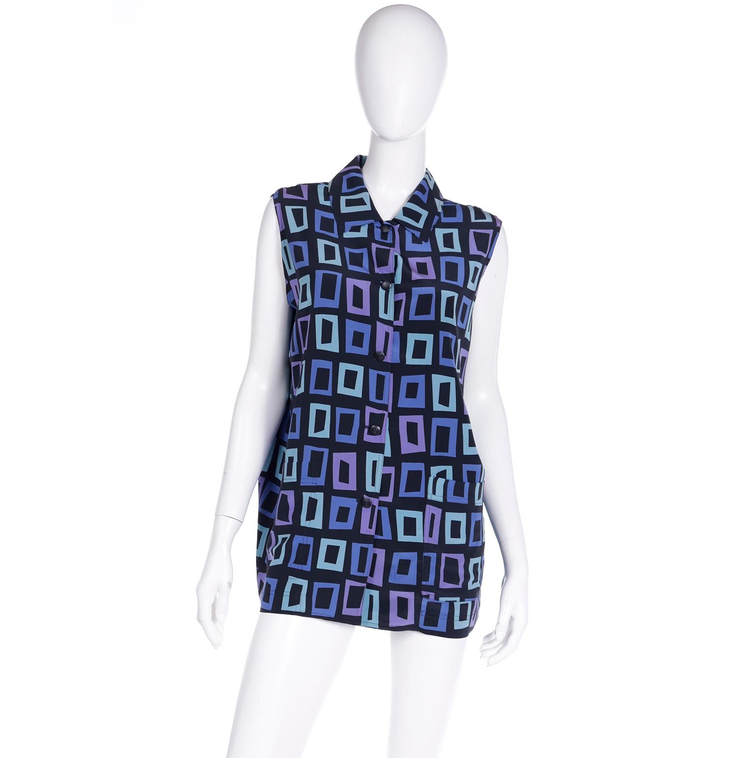 Purple Isaac Mizrahi 1994 Resort Runway Printed Sleeveless Top For Sale