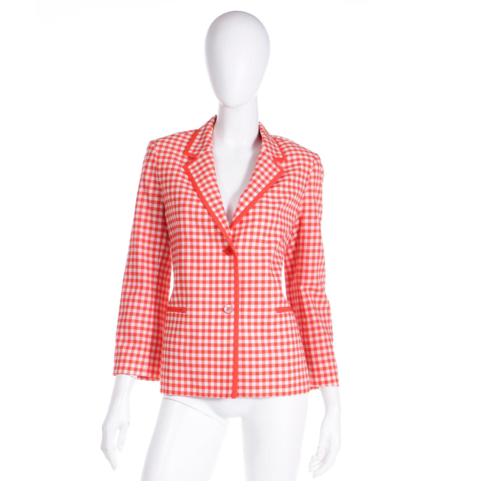 Pink Isaac Mizrahi 1998 Spa Collection Vintage Red & White Check Runway Blazer Jacket For Sale