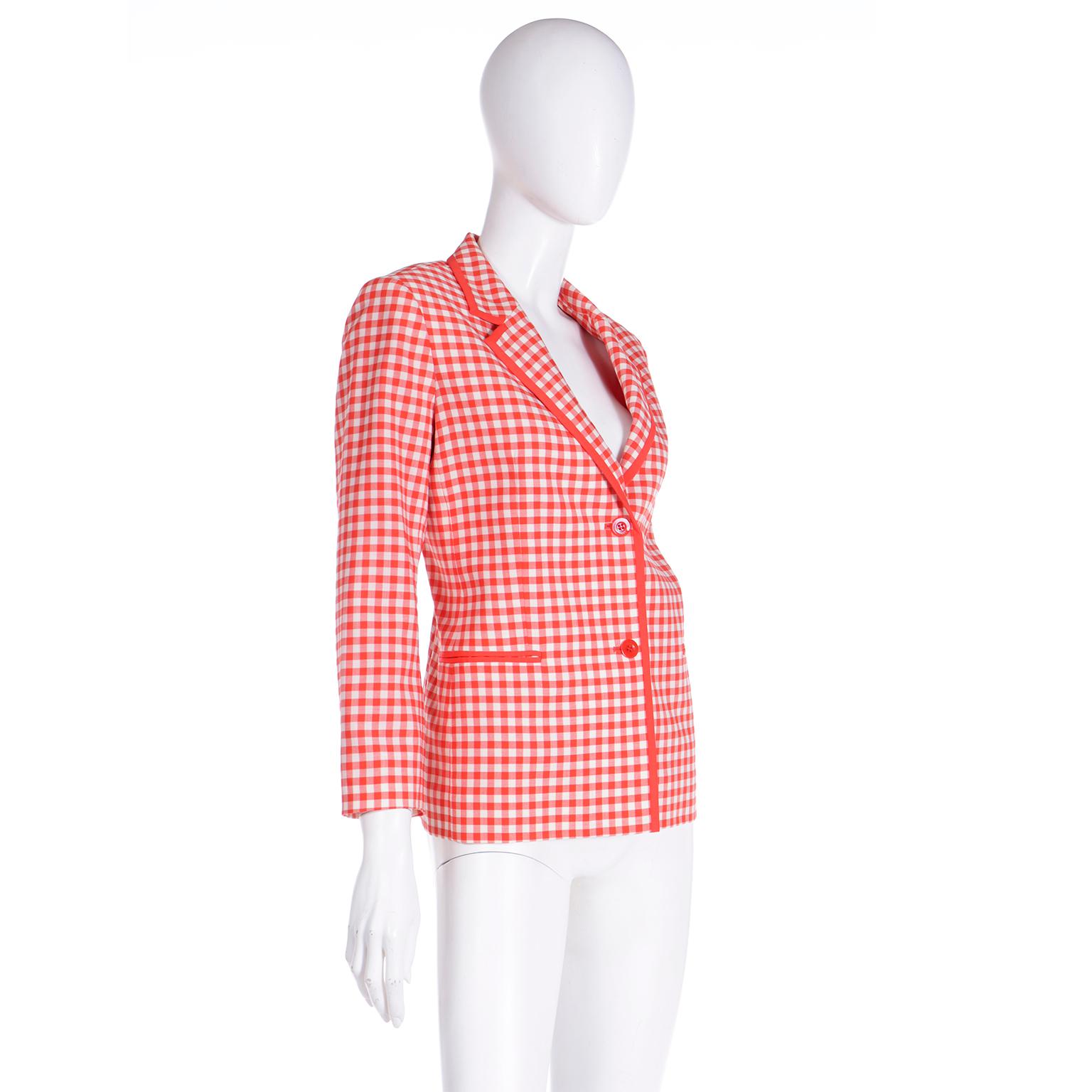 Isaac Mizrahi 1998 Spa Collection Vintage Red & White Check Runway Blazer Jacket In Excellent Condition For Sale In Portland, OR